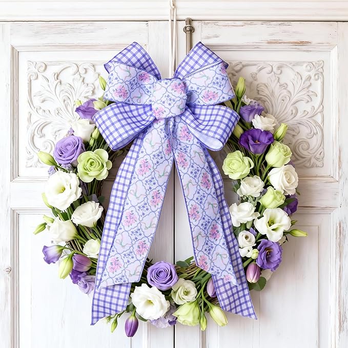 LaRibbons Floral Ribbon Wired 2.5 Inch x 6 Yards, 2 Rolls Purple Flower & Gingham Ribbon Set for Spring Wreaths, Gift Wrapping, Bow Making, Home Decor
