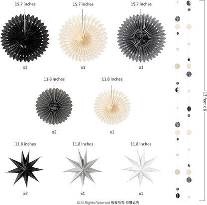 Cheerland Black White Star Party Decorations Gothic Summerween Decor Garland Glitter Hanging Paper Fan Dots Circle Backdrop Stars Steamer Banner Party Photobooth Background Birthday Party Supplies