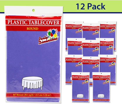 Purple Disposable Plastic Tablecloth for Round Tables (12 Pack) 84 inches Table Cloths for Parties, Events & Weddings, Indoors & Outdoors, Plastic Table Cover