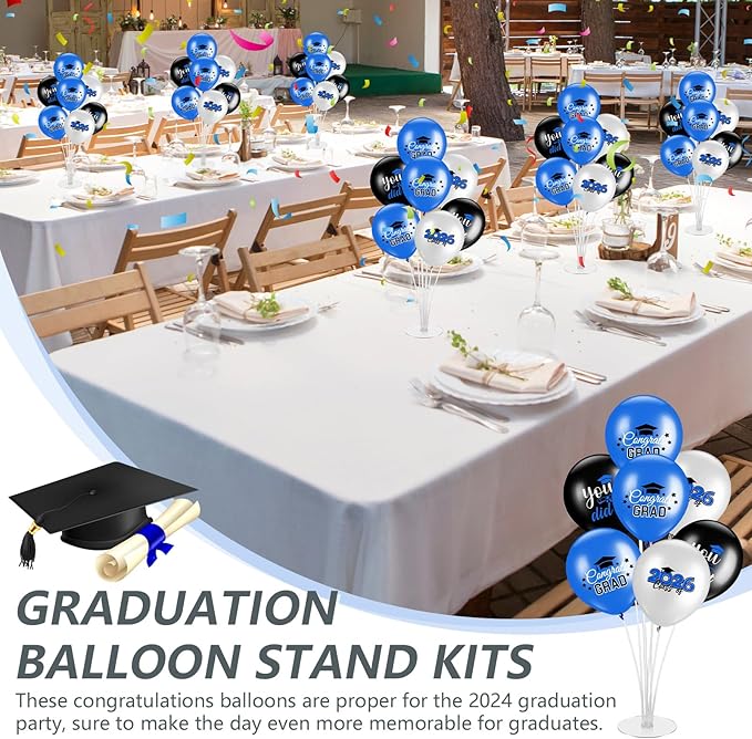 4 Set Graduation Party Balloon Stand Kits for Table Centerpieces Balloon Tables Holders with Congrats 2026 Graduation Party Decorations for School College Photo Props(Blue)