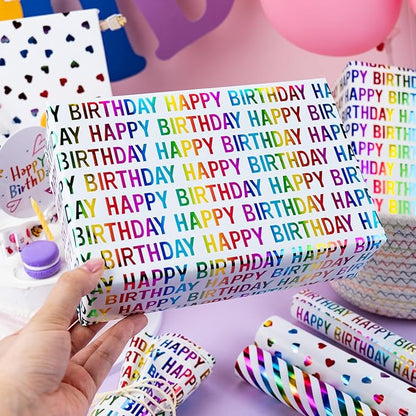 MAYPLUSS Birthday Wrapping Paper, Girl Iridescent Gift Wrapping Paper, Rainbow Foil Heart Polka Dots Stripes Bundle Gift Wrap for Kids Party, All Occasion (Mini Roll, 17 inch x 120 inch Per Roll)