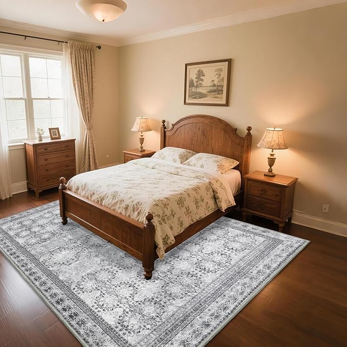Large Faded Gray 8x10 Washable Area Rug for Living Room, No Shedding Vintage Floral Print Rugs Non Slip, Indoor Foldable Thin Retro Accent Carpet for Bedroom Farmhouse Dining Room