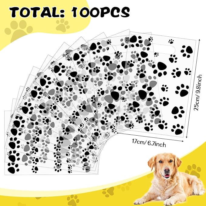 Pasimy 100 Pcs Dog Paw Gift Bags Bulk Pet Paw Puppy Plastic Treat Favor Candy Goodie Bags with Handle for Dog Birthday Party Decoration Supplies(Clear Black)