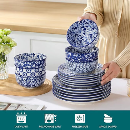 vancasso SELENE Plates and Bowls Set for 6, 18 Pieces Dinnerware Sets, Mircowave and Dishwasher Safe Dishes Set, Porcelain Blue Dinnerware