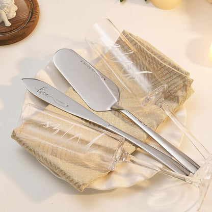 AW BRIDAL Champagne Flutes Set of 2, MR MRS Engraved, Crystal, 6 oz, Cake Cutting Set, Wedding Gift Box, Housewarming Gifts, Engagement Gifts for Couple