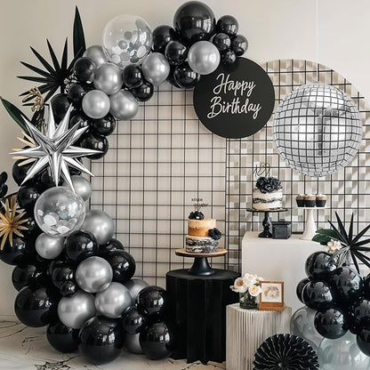 Black Silver Disco Ball Balloons Arch Kit, Black Silver Clear Balloons Garland with Large Disco Balls and Explosion Star Foil Balloons, for Disco Dance Diamond Birthday Graduation New Year Decoration
