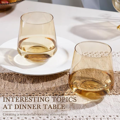 Amber Stemless Wine Glass Set of 6-17oz Wine Glasses, Stemless Drinking Glasses for Wine, Cocktails & Beverages - Elegant Glassware for Home, Bar & Holiday Use