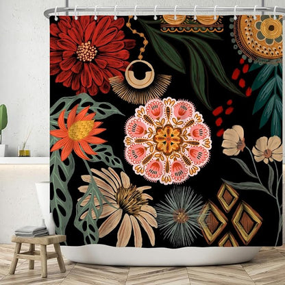 Black Boho Floral Shower Curtain Abstract Botanical Mid Century Modern Bathroom Decor Tropical Flower Shower Curtain with 12 Hooks,72x96 inches