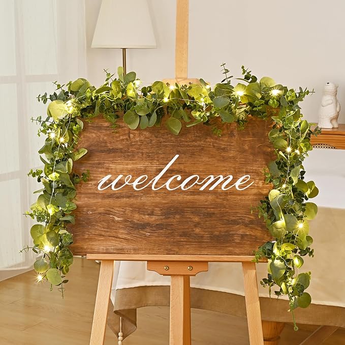 Dolicer 4 Packs 6FT Artificial Eucalyptus Garland with LED Light String, Faux Greenery Garland Hanging Fake Silver Dollar Eucalyptus Leaves Vines for Wedding Backdrop Arch Table Wall Party Home Decor