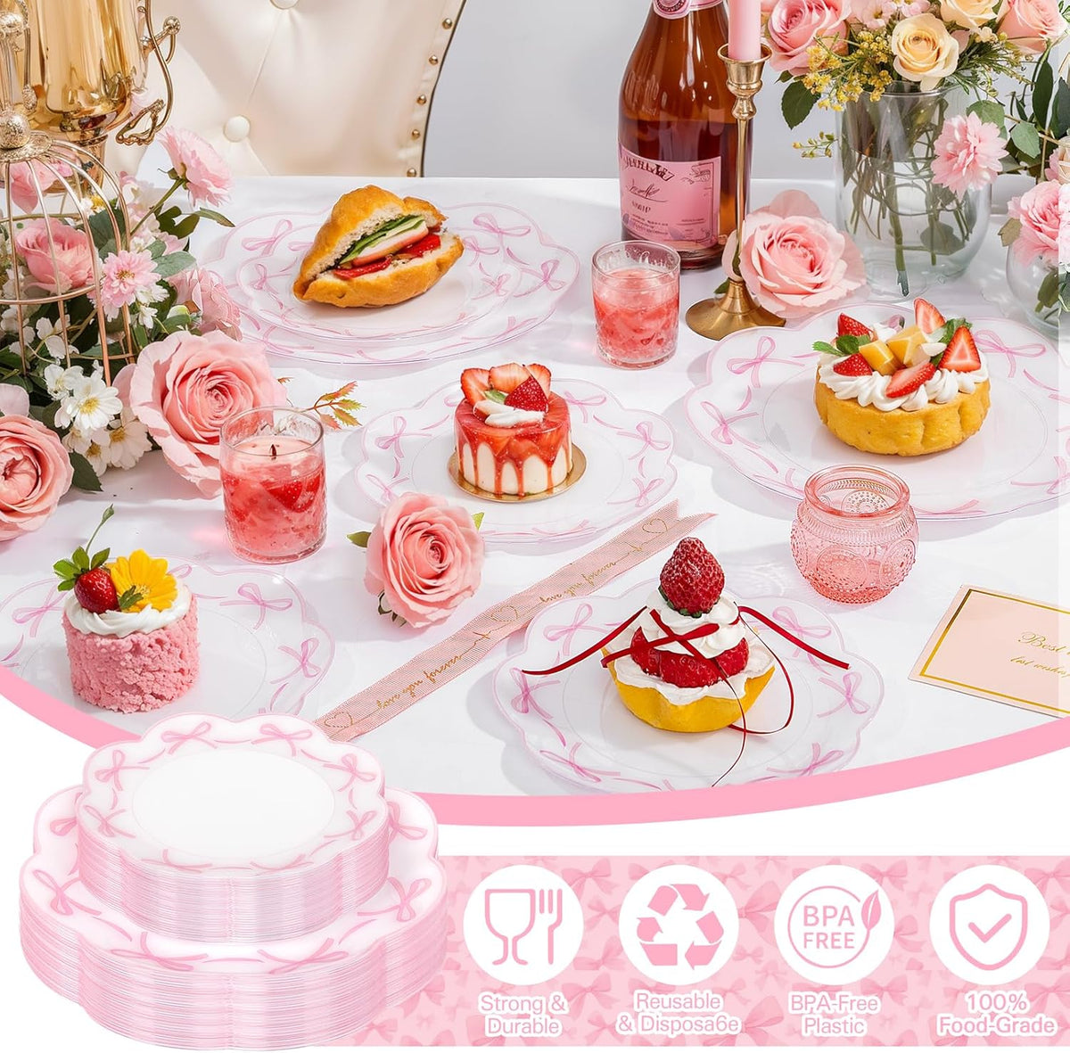 LIYH 60 Pcs Pink Plastic Plates for Party Bow Plates - Pink Porcelain Scalloped Plate Disposable Heavyduty for Wedding Bridal Shower Floral Dinnerware Set - 10.25" Dinner & 7.5" Dessert Plate