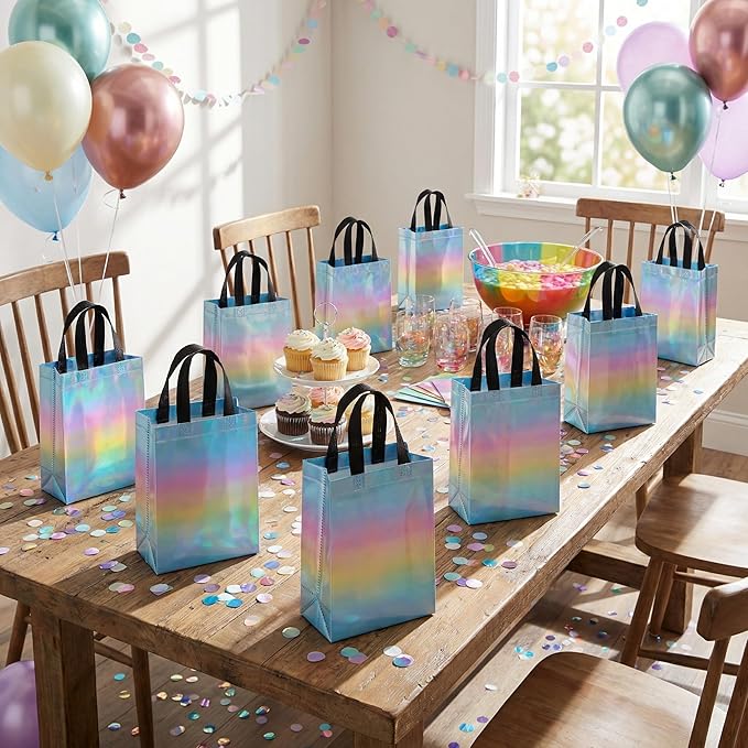 VGOODALL 15PCS Reusable Iridescent Gift Bags with Handles, 8"x4"x10" Bulk Party Favor Bags for Party Gifting, Birthdays, Weddings, Goodie Treats