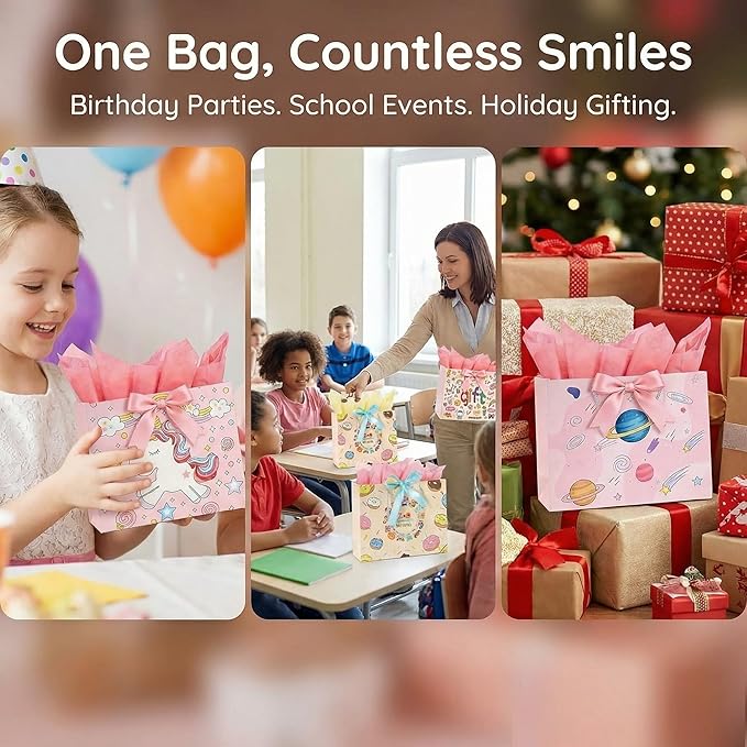 6 Pack Birthday Gift Bags Set for Kids ,Large Holiday Goody Bags with Handle, 6 Ribbons&6 Greeting Cards, Reusable Birthday Treat Bags for Party Favors,Candy,Toys,Classroom Gifts, Cartoon&Cute Design