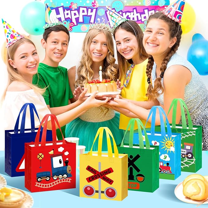 Pinsit 42 PCS Colorful Train Party Favor Bags, Non Woven Train Goodie Bags, Railway Themed Reusable Gift Bags with Handles for Boys Girls Birthday Baby Shower Party Supplies