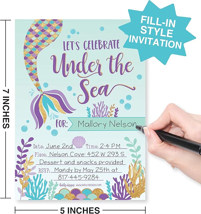 Hadley Designs Kids Birthday Invitations Girl Mermaid Theme - 25 Mermaid Birthday Party Invitations For Girls, Under the Sea Invites For Girls, Cute Party Supplies, Made in USA