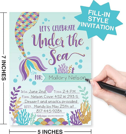 Hadley Designs Kids Birthday Invitations Girl Mermaid Theme - 25 Mermaid Birthday Party Invitations For Girls, Under the Sea Invites For Girls, Cute Party Supplies, Made in USA