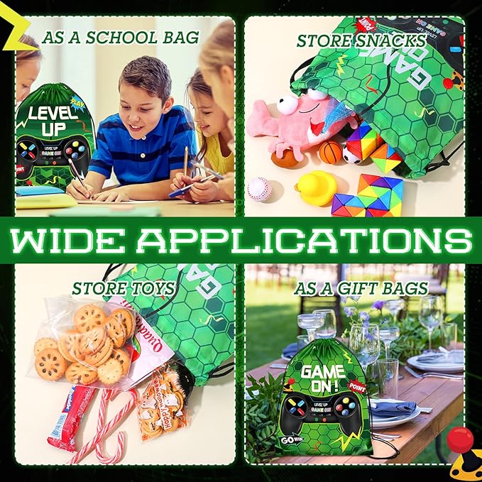 Roowest 36 Pcs Video Game Drawstring Bags 12 x 10'' Video Gaming Theme Birthday Party Gifts Supplies Goodie Treat Candy Bags for Kid(Green)
