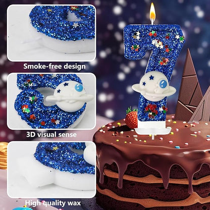 HXOUSE Spaceship Number 7 Birthday Candles - Planet Theme Birthday Candles for Cake - Astronaut Party Celebration Candles for Boys & Girls (Number 7)