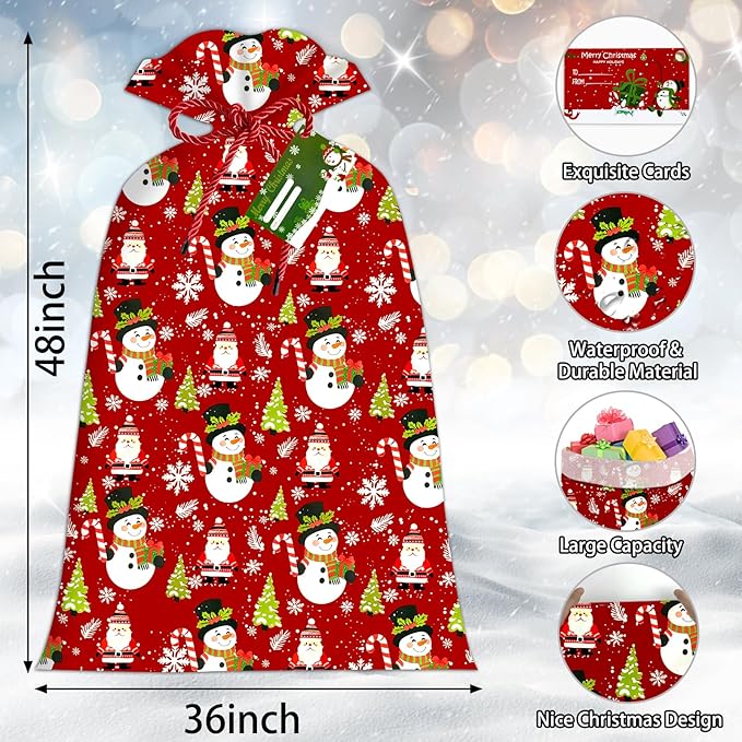 2 Pcs Large Gift Bags Xmas Santa Snowman Gift Bag Oversized Plastic Storage Bags 48"x 36" for Huge Big Gifts Presents Wrapping Kids Bicycle Bike Goodie Bags, Birthday, Party, New Parents Baby Shower