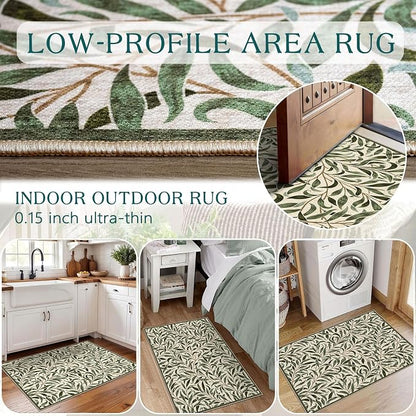 Front Door Mat Outside Entrance - 2x3 Boho Non-Slip Washable Spring Doormat Indoor Outdoor Entrance Sage Olive Green Leaf Rug Small Throw Rugs for Entryway Bedroom Kitchen Front Porch Decor