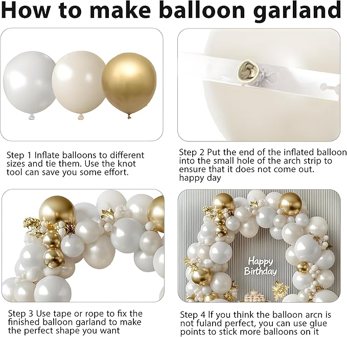 White and Gold Balloons Arch Kit - 129 pcs Double Stuffed Pearl White Sand Beige Ivory Chrome Gold Balloons for Wedding Birthday First Communion Party Decorations
