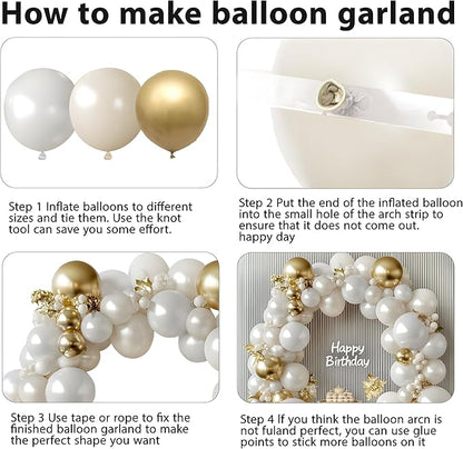 White and Gold Balloons Arch Kit - 129 pcs Double Stuffed Pearl White Sand Beige Ivory Chrome Gold Balloons for Wedding Birthday First Communion Party Decorations