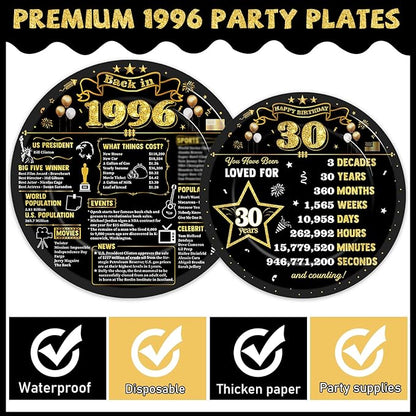 96Pcs 30th Birthday Plates and Napkins Back in 1996 Party Decorations Black Gold 30 Year Old Party Dessert Plates 1996 Birthday Tableware for 24 Guests 30th Theme Men Woman Bday Parties Supplies
