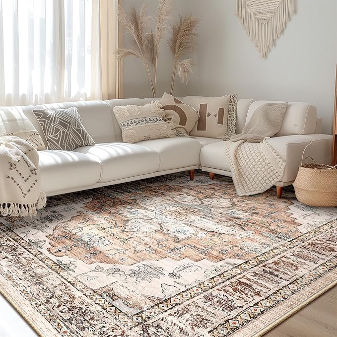 BESTSWEETIE 8x10 Area Rug Washable Rugs for Living Room, No Pile Boho Carpet for Entryway Bedroom Dinning Room, Vintage Carpet Print Distressed Non-Slip, 8 x 10 ft, Orange Pink Brown Earth Tones