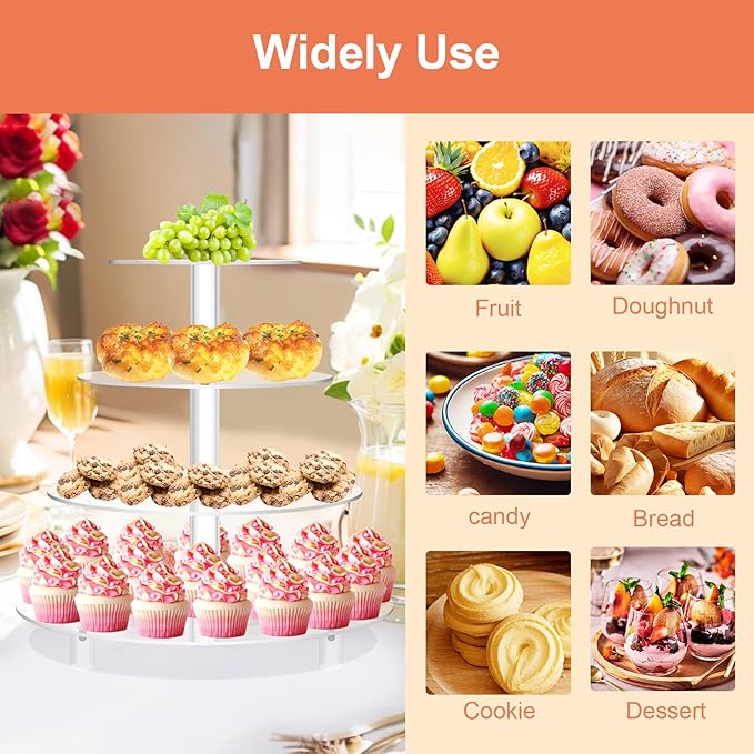 Jusalpha Large 4 Tier Cupcake Stand,Acrylic Round Cake Stand Dessert Tower Tea Party Serving Platter, Cupcake Tree Wedding Party Décor, Stand with Rod Feet (4RF)