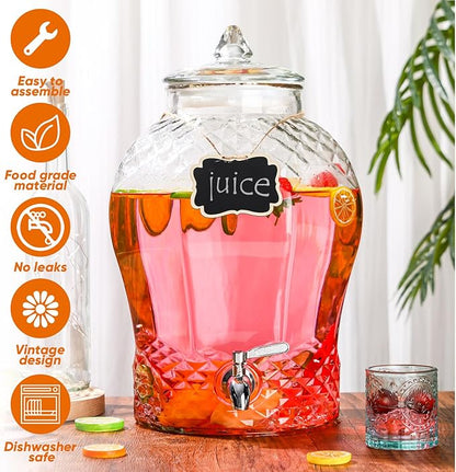 Baderke 4 Gallon Glass Drink Dispenser for Parties Beverage Dispensers Glass Water Dispenser with18/8 Stainless Steel Leakproof Spigot Hanging Chalkboard Signs Pen for Party Wedding (Novel Style)