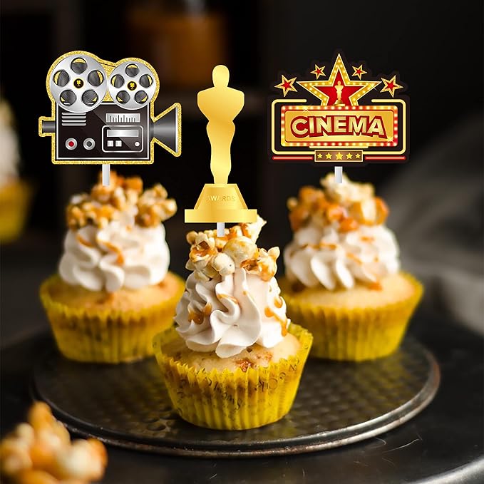 36pcs Movie Cupcake Toppers Movie Night Films Video Recorders Popcorns Cupcake Picks for Movies Theme Birthday Party Decorations Baby Shower Supplies