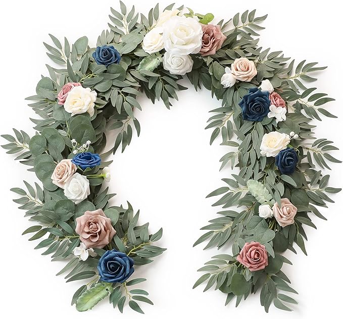 Floroom 6ft Artificial Eucalyptus Garland with Flowers Fake Greenery Faux Floral Vine Garland for Table Decor Wedding Centerpieces Bridal Shower Party Decorations, Dusty Rose & Navy
