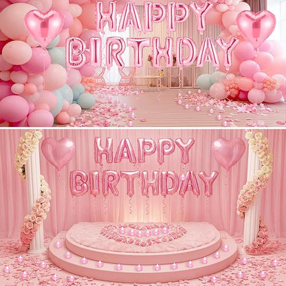 Pink Happy Birthday Balloons Decorations Happy Birthday Letter Balloons Banner Set with 24pcs Heart Flameless LED Candles and 2000pcs Artificial Rose Petals for Women Men Room Party Decor