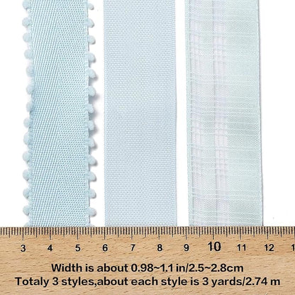 BEEFLYING 3 Styles Light Blue Wire Edged Ribbons for Gift Wrapping Decoration 25~28mm×2.7m Satin Ribbons Fabric Ribbons for Wedding Party Decoration Hair Bows Flower Designs Sewing and Craft, 9 Yards