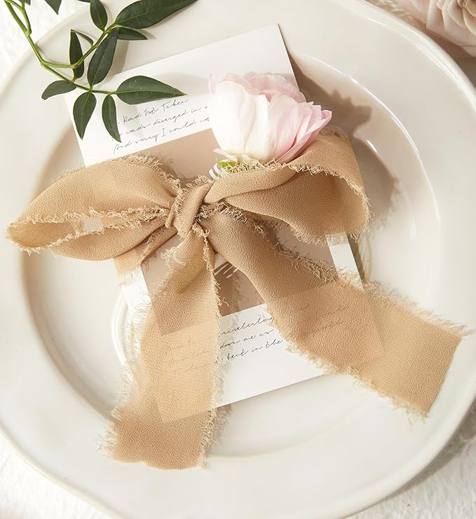 3 Rolls Fall Light Brown Handmade Fringe Chiffon Ribbon, 1.5" x 7Yd Chiffon Silk Ribbons, Gift Wrapping Ribbons Set for Bridal Bouquets, Gift Wrapping, Wedding, Bouquet Wrap, DIY Crafts