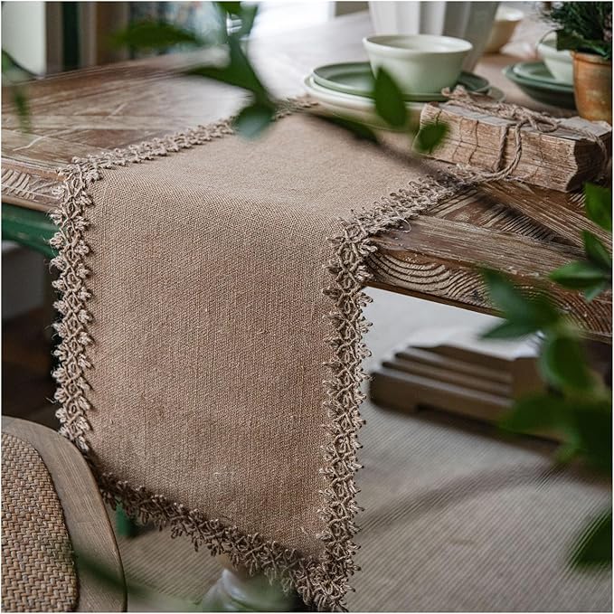 Natural Jute Table Runner, Burlap Style Table Runner, Rustic Farmhouse Table Runner Country Vintage for Wedding, Party Table Decorations, Boho Décor Jute Hemp Woven Edge 12x79 inch TAB28