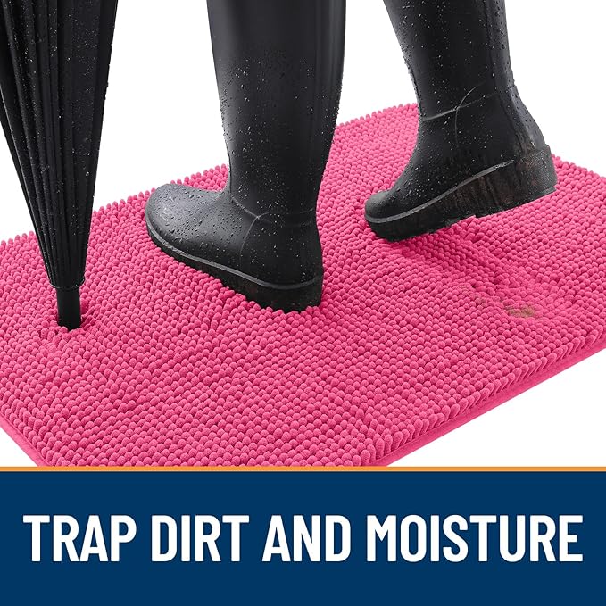 OLANLY Dog Door Mat for Muddy Paws 47x20, Absorbs Moisture and Dirt, Absorbent Non-Slip Washable Doormat, Quick Dry Chenille Mud Mat for Dogs, Entry Indoor Entryway Carpet for Inside Floor, Hot Pink