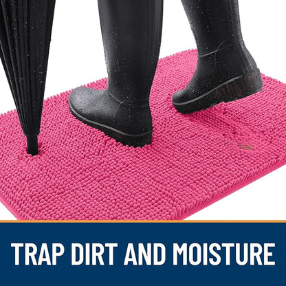 OLANLY Dog Door Mat for Muddy Paws 47x20, Absorbs Moisture and Dirt, Absorbent Non-Slip Washable Doormat, Quick Dry Chenille Mud Mat for Dogs, Entry Indoor Entryway Carpet for Inside Floor, Hot Pink
