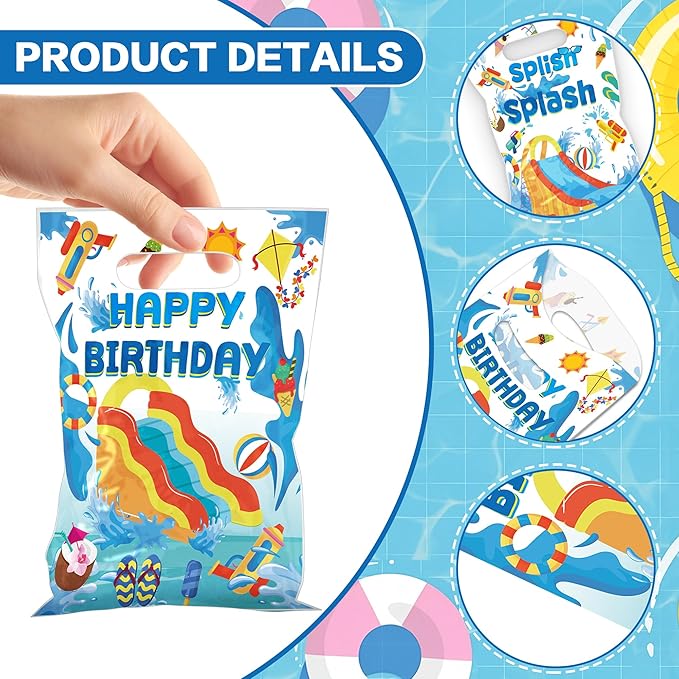 MOIZYNG 50Pcs Splish Splash Summer Birthday Gift Bags with Handles, Blue Splish Splash Happy Birthday Plastic Candy Treat Goodie Bags for Summer Pool Party Favors Supplies