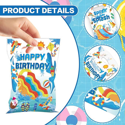 MOIZYNG 50Pcs Splish Splash Summer Birthday Gift Bags with Handles, Blue Splish Splash Happy Birthday Plastic Candy Treat Goodie Bags for Summer Pool Party Favors Supplies