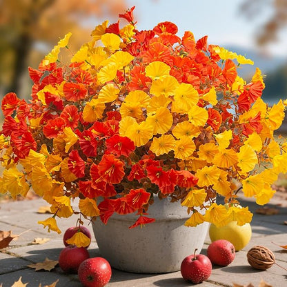 Artificial Flowers Outdoor Fall Decor - 12 Pcs UV Resistant Fade Proof Fake Plants for Garden Porch, Thanksgiving Autumn Decorations, Waterproof for All Weather