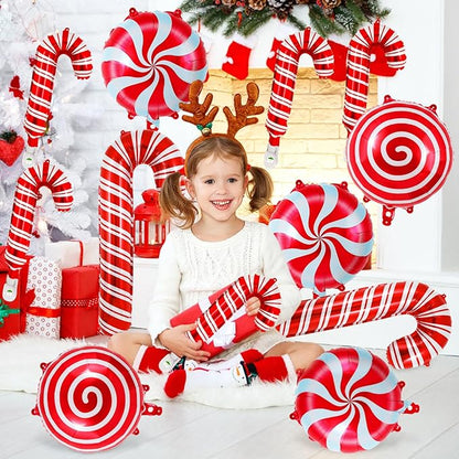 Christmas Candy Cane Balloons, 24 Pcs Christmas Foil Mylar Balloons, Large Red Candy Cane Balloons for Xmas Birthday Candy Themed Party Decorations