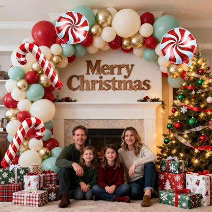Christmas Balloon Garland Arch Kit, 111PCS Red Green Gold White Balloons with Lollipop Candy Cane Mylar Foil Balloon Arch for Xmas Party Holiday Wedding Birthday New Year Decorations
