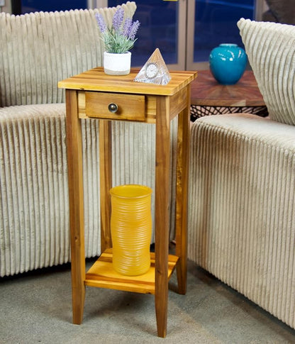 2-Tier Solid Acacia Plant Stand w/Drawer
