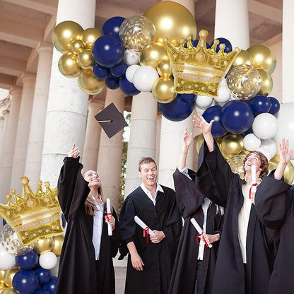 Ouddy Life 142pcs Navy Blue and Gold Balloons Garland Arch Kit, Class of 2026 Decorations Graduation Royal Blue Balloon Gold White Confetti Balloons Foil Crown for College Baby Shower Birthday Party