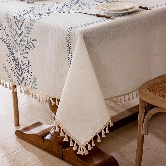 Joyfol Day Rustic Waterproof Linen Tablecloth, Heavy Weight Fern Embroidery Table Cloths for Rectangle Tables, Farmhouse Spill-Proof Table Covers with Tassels, Blue 55''x 102''