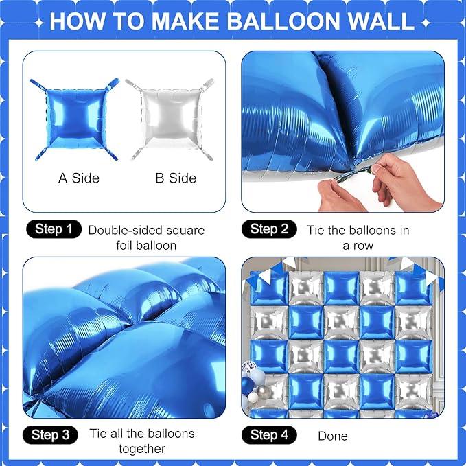 Blue and Silver Square Foil Balloons 25 Pcs Metallic Blue and Silver Balloons Wall Backdrop for New Year Graduation Birthday Bridal Shower Party Arch Backdrop Decorations