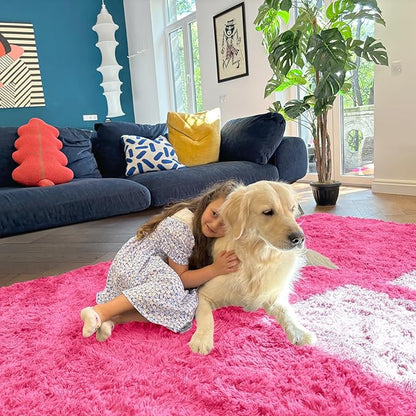 OLANLY 2x4 Machine Washable Runner Rugs for Hallway, Soft Fluffy Shaggy Bedside Rugs for Bedroom, Living Room, Indoor Floor Carpet for Kids Girls Boys, Nursery Rooms, Home Decor Aesthetic, Hot Pink