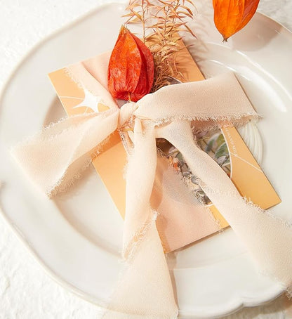 Fall Ribbon, 6 Rolls Champagne Ribbon for Flower Bouquet/Gift Wrapping, 1 1/2 inch x 7Yd Chiffon Ribbons for Crafts, Bridal Bouquets, DIY Crafts