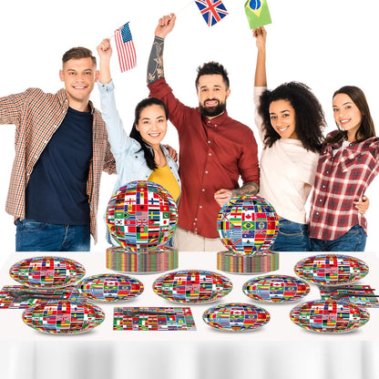 50 Guests International World Flags Party Supplies Decor Around The World Plates and Napkins Forks Travel Trip International Flags Tableware Country Paper Plates for Birthday Baby Shower Party 200PCS