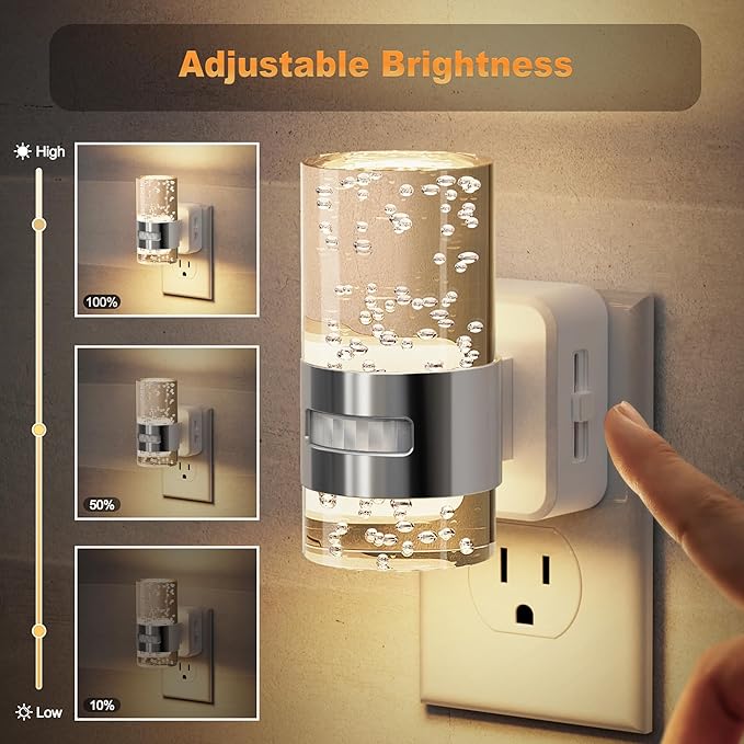 JandCase Motion Sensor Night Light, Dimmable Night Lights Plug Into Wall, 2 Pack 3000k Soft White Night-Lights With 0-100Lm Adjustable Brightness, Acrylic Plug In Nightlight For Bedroom Bathroom Decor